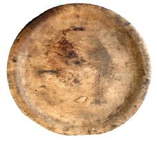 **SOLD** M20 Nice early wooden treenware carved dish / plate bearing natural patina surface with great wear and evidence of heavy use on both sides. Unmarked. Measurements: ~9 ½ x 9 ¾ diameter x ~1" thick.