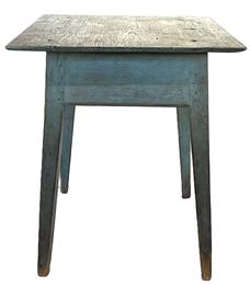XXXX4 18th century Eastern Shore, Maryland splay leg Hepplewhite table bearing original blue painted surface. The underside of the top boasts chamfered edges - giving the appearance of a thinner top  and is secured to the base with large rosehead nails and wooden pegs. The end of each gracefully tapered splay leg is mortised into the underside of the top for added stability. This table is very sturdy, and heavy, as it is made of solid yellow pine wood.  From an Estate in Caroline County, Maryland. Circa 1750-1780s. Measurements: 22 5/8 x 28 x 25 ¼ tall.  