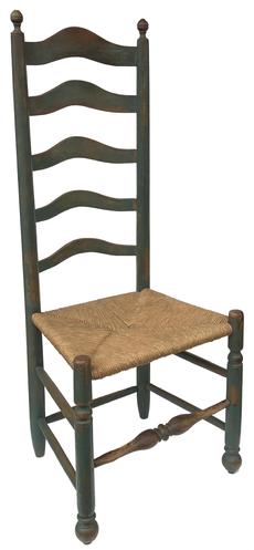 E141 18th cetury Delaware Valley Ladder back side chair 5 arched slats, c. 1775-1790. Front rung has heavy turning. Front legs have turnings part way up and terminate in ball feet. Some original gray paint visible under later coat of blue-green paint. Bought from the Clarke Hess Estate Pennslyvania