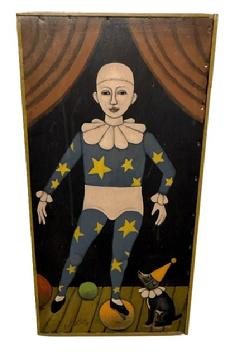 M193 Mid-20th century Folk Art Painting depicting a theatrical setting featuring a Circus performer dressed as a Jester / Pierrot / Harlequin character wearing a blue body suit with bright yellow stars and a white ruffle collar while balancing on an orange-colored ball while a small dog wearing a matching white ruffle collar and yellow conical shaped party hat adoringly watches. Signed by artist on lower left side A. Glazier. Painted on a 12 point Goudy Bold type-set tray. Arthur Glazier (1928-2015) was from East Berlin, Pennsylvania and was famous for these folk-art style paintings on type-set trays, bread boards and other antique items. Measurements: 16 5/8 wide x 1 ¼ deep x 1 3/8 thick x 32 ¼ tall.