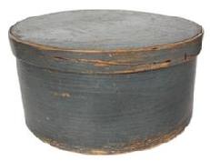 L395 19th century New England original gray painted pantry box with natural patina interior. Thick, steamed and bentwood sides secured to the top/bottom with tiny square head nails. Overlapping joints secured with copper tacks. Very early heavy wire staple make-do repair to joint on lid tightly secures an old break. Measurements: 15 top diameter x 14 ½ bottom diameter x 7 ¼ tall.