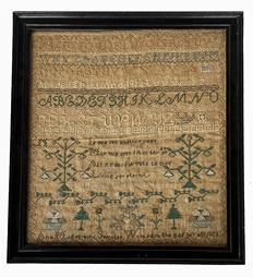 **SOLD** K1831 Exceptional, early 19th century identified and dated framed Needlework Sampler that reads: ”If we see another year - May we spend it in thy (???) - All its days devote to thee - Living for eternity” “Anna Middlebrooks Sampler Worked in the 8 of her age 1826” Sampler is stitched with what appears to be cotton threads over linen material and boasts blues, browns, tans, greens and ecru colors. Features bands of alphabet letters and a band of numbers 1 through 13, along with bands of geometrical shapes and is surrounded by a meandering vine border. Urns, trees, baskets and vines of flowers, birds and geometrical shapes adorn the symmetrical layout. Great condition for such an early sampler! Professionally framed. Framed measurements: 14 1/8” wide x ¾” thick x 15” tall.