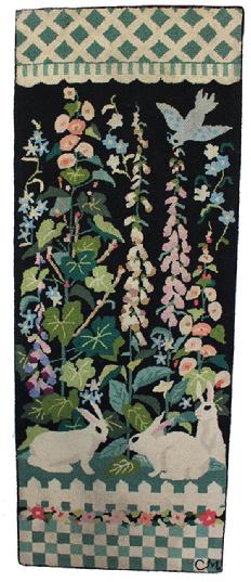 D93 Early 20th Century Americana Folk Art Hooked Rug, , Beautiful hand made hooked rug with three Bunnies in a flower garden , with blue bird ,The rug has been professionally cleaned and mounted on frame.