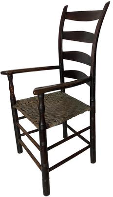 E48 19th century arm Chair four graduated arched slats joining stiles , with the original cane seat, shaped arms, vase- and ring-turned arm supports and legs . (Height: 43.5"; seat height: 17.75"; width: 23.25"; depth: 18.75")