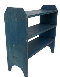 F191 Small blue bucket bench with three mortised shelves and half moon cut out ends. Bench is from Upsate New York. Mid 19th Century. Measurements: 33 3/4" wide x 30 3/4" tall x 11 3/4" deep