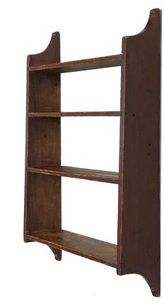 F96 Early 19th century Red Painted Pine Three-tier canted Wall Shelf, probably New England, with shaped sides that are dovetailed into sides, old surface. Measurements are: 38" tall x 25" wide x 7" deep bottom and 6" top