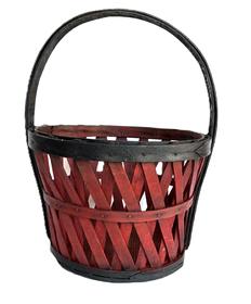 M28 Very sturdy, late 19th century to early 20th century, New England Apple Basket bearing original red and black paint. Basket features cross woven slat sides with a solid wooden bottom and a double top rim. Top and bottom rims feature overlapping fingers secured with tacks. The handle is constructed of two steamed and bent slats secured together with tiny tacks. Measurements: 12 top diameter x 9 bottom diameter x 8 tall sides x ~15 ¼ tall including handle. The handle is 1 1/8 wide x ~ ¼ thick.