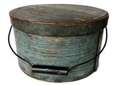 RM1061 19th century New England bail handle pantry box, The box retains the original lid and bail handle. Everything is sturdy and stable.The original beautiful blue paint Measurements are 12" diameter x 7" tall