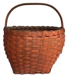 **SOLD** E369 Early 20th Century Gathering Basket in the original dry pumpkin paint. Single wrapped rim. Measurements: 16" tall x 15" diameter