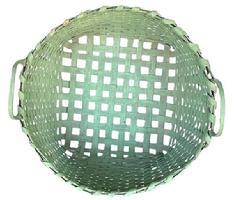 **SOLD** L360 Early hand-woven splint basket side in its original green painted surface - featuring a single-wrapped double-rim with a notched, steamed and bent handle on each side. The round top opening tapers to a square shaped bottom. Very nicely made basket with tightly woven sides and an open weave bottom.