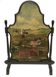 E320 19th century Fireplace Screen, with a early 20th century hand painted farm scene . Oil paint on board, of a Farm with farm Animals and house and Cows , barn, beautiful art work signed by Artist Measurements are 40" tall x 26" wide