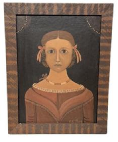 M186 Mid-20th century Folk Art painting of young girl with bows in her hair wearing a salmon-colored dress and beaded necklace. Signed by artist A Glazier in lower right corner. Oil on artist board, displayed in a handmade, painted and decorated wooden frame. Arthur Glazier (1928-2015) was from East Berlin, Pennsylvania. Framed Measurements: 14 ½ wide x ¾ thick x 18 ½ tall.
