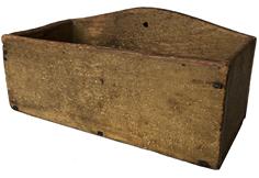 E119 19th century Wall Box in the original unclean dry yellow paint, nail construction with square head nails, shape back with hole for hanging Measurements are:12" long x 6" tall x 6" deep