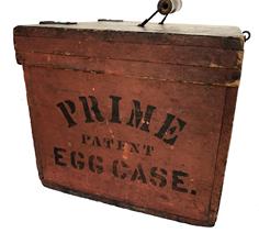 E440 19th century Egg carring box in original red paint and black stenciling holding 5 dozen eggs - stenciled "PRIME PATENT EGG CASE" on left side - original bail pull - each layer with 2 dozen cardboard egg holders (1 egg holder missing from top) - each section stamped Patented July 29, 1884