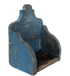 **SOLD** RM1578 19th century Eastern Shore, Maryland candle shelf bearing original dry blue painted surface with shaped sides and a decorative cutout back with hole for hanging purposes. The wood is oak. Small wire nail construction. Measurements: 7 ½ wide x 5 deep x 9 tall. The wood is ¾ thick. 