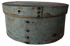 F29 19th century outstanding Pantry Box with old dry grey paint, heavy construction, bent wood round form with nailed lap joint Measurements are: 8 3/4" diameter x 4" tall