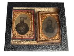 RM1599 Pair of Civil War Union Soldier Tintypes - possibly brothers - along with a remnant piece of hand stitched quilt. One soldier is holding his kepi in the photograph. Found in a Maryland Estate. Measurements: each is between 2 3/8�- 2 &frac12;� wide and 2 7/8� tall. 