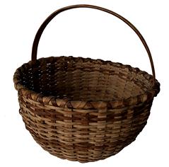 E36 Gathering Basket, with a steamed and bent handle double wrapped rim, reinforced bottom, really good condition, in natural patin, 12" wide x 12" tall