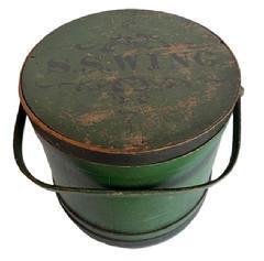 L502 Early 19th century New England covered wooden Firkin retaining original dark green paint with S.S. WING surrounded with detailed scroll decoration painted in black on the top of the lid. Nice dry, original painted surface. Constructed of tongue and groove softwood staved sides with overlapping finger wood bands secured with tiny copper tacks. The steamed and bent wood handle is secured with wood peg attachments. Natural patina interior. Measurements: 14 ¼ top dia. x 15 ¼ bottom dia. x 14 ¼ tall.
