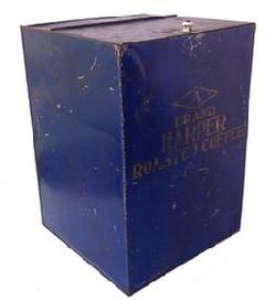 Z492 This is a large and colorful tin dispensing bin which would have been used in a country store setting to dispense Brand Harper Roasted Coffee Chicago, IL. Fair condition.