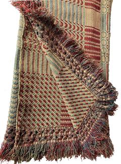 E528 Beautiful Geometric tri-colored Coverlet in great condition. We were fortunate to have also obtained a handwritten partial family provenance which came pinned to coverlet.