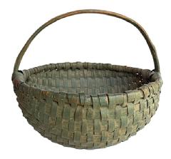**SOLD** M153 Sturdy hand-woven original green painted Melon Basket made of ribbed and woven oak splints with steamed and bent center ring/handle, and the rim, woven into the construction of the basket. Nice woven details at handle on each side. Tightly woven and very sturdy. Measurements: 15 ¾ diameter x ~14 tall including handle. Sides are ~8 tall.