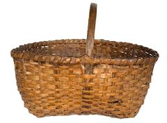 M27 Late 19th century New England hand woven splint Gathering Basket with steamed and bent handle that is woven into the basket and a single wrapped, double rim. Nice, natural patina surface with evidence of a few minor imperfections. Measurements: 14 ½ x 10 oval (top) x ~4 x 9 ½ rectangular bottom. The sides are ~7 7 ¼ tall, depending on where measured. Overall height with handle is ~11 tall.