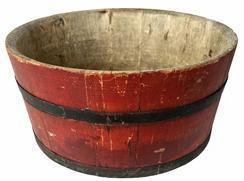 **SOLD** H925 19th century Shaker style wooden staved and bentwood milk keeler retaining its original red painted exterior and white interior. The bottom is chamfered. Staved sides are secured by two metal bands. Wonderful small size. Very good condition.