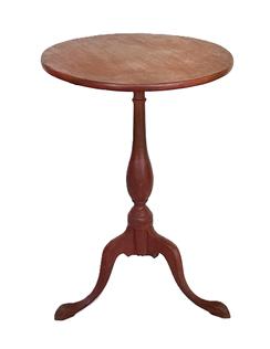 **SOLD** K1832 Early 19th century New England Federal Period red painted tilt-top candle stand. The legs are dovetailed into the pedestal that features nice, bold turnings. Circa 1800  1820. Original hardware. The wood appears to be mahogany or walnut. Measurements: 19 ¼ x 19 5/8 top diameter x 28 ¼ tall. (39 tall with table in stored position).  