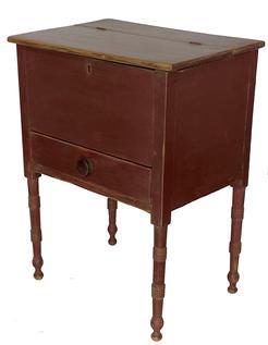 F19 Mid 19th century rare Sugar Chest likely Virginia, poplar wood in red paint, open interior compartment, with a single dovetailed drawer.
