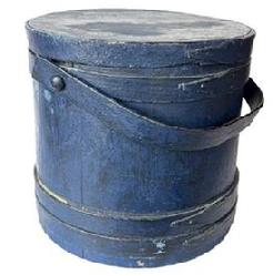 L250 19th century wooden firkin with staved sides and steamed and bent handle secured with wooden pegs bearing old blue over original blue painted surface. The finger lapped bands are secured with tacks and one tiny staple at the very tip of each band. Very sturdy. Great natural patina inside. Measurements: 12 top diameter x 12 ¾ bottom diameter x 11 ¾ tall.
