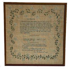 M308 Exceptional early 19th century identified and dated, hand-stitched sampler by Catharine O Hevius Aged 11 years January 29th 1828. Sampler is stitched with what appears to be cotton threads over linen material and boasts blues, green, brown, and ecru colors. Features a central verse entitled On Education above her identification and the full Bible verse of Prov. 31st chap 30. 31st verses below. This fantastic work is surrounded by an intricate vine and flowers along all four edges. Appears to have been professionally mounted and framed as a sticker from L. Bamberger & Co Newark, NJ remains intact on the back. Wire on back for hanging purposes. Framed measurements are 17 ¾ wide x 18 ¼ tall x 3/8" thick.