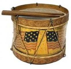 **SOLD** M235 Patriotic Child's Toy Snare Drum with Four 13-Star opposing embossed flags around the center and pressed geometric designs on the wooden bands at top and bottom. A braided cord woven through lead loops / hooks provides the tension to keep the drum together. Retains original polychrome paint decoration in red, white and blue. Circa 1876-1898.