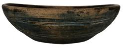 RM1065 Late 18th century wooden bowl in beautiful worn blue paint, out of round at 9 1/2" X 9 1/4 " diameter x 3' tall. Hand turned out of round with band around the top