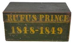 L539 19th century identified and dated original green painted box with Rufus Prince 1848 1849 painted in yellow with visible remnants of yellow pinstriping along the edges of the box. Natural patina interior. The wood is pine, with a combination of T nails and small square head nail construction. NOTE: Rufus Prince (1829-1883) was from Bangor, Penobscot, Maine.