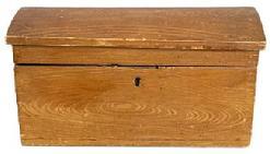 L381 Late 19th century Pennsylvania small sized Dome-Top Document Box bearing original mustard grained paint decorated surface. The wood is pine with dovetailed construction.