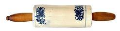 L170 Hand painted salt glazed Blue Onion Porcelain Rolling Pin with wooden handles. Measurements: ~15 ¼ long including handles x 3 diameter.