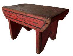 K1774 Mid-19th century identified Pennsylvania original red painted and black decorated foot stool. The bottom of the stool boasts original painting with ornate writing that reads: From F. E. Oberholtzer 1864" painted in decorative pumpkin letters with tan shadowing on a light yellow background. Stool boasts decorated drop aprons on each side that are mortised into the legs, and the legs are mortised through the top. Square head nail construction. Measurements: 14 wide x 8 deep x 8 ½ tall. NOTE: Franklin Frank Eckert Oberholtzer (1846-1926) of Montgomery County, Pennsylvania was married to Catherine Reichert Kindig (1849-1905) and they had 6 children. This stool was most likely a wedding gift to his bride.