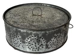 **SOLD** K1813 19th century footed tin cheese strainer with lid. Nicely rolled edges and secure solder joints. Measurements: 7 diameter x 3 tall.