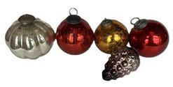 K1527 Five (individually priced) Kugels consisting of a silver ribbed ball ~ 4 tall, pink grapes ~4 tall, a red ball with crazing ~4 tall, a gold ball with crazing ~3 ½ tall and a solid red ball ~4 tall. Hand blown glass - nice weight and condition with original caps and rings. Made in Germany between 1840 and early 1900. The silver kugels are actually clear glass with mirrored interiors to give them the metallic appearance. The word "kugel" means "round ball" in German, but they were also made in the shapes of Grapes, Apples, Berries, Pears, Tear Drops, Pinecones and Ribbed Melons. Silver, gold and green which brilliantly reflected candlelight, were the most popular colors.