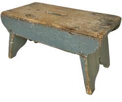 K1605 19th century Pennsylvania splayed leg Stool in its original pewter gray paint. Drop aprons with beaded edges and shaped ends adorn both sides of the stool. Decorative cut out feet and an oval hole in center of top for carrying purposes. Small wire nail construction. The wood is pine. Measurements: 18 long x 9 ¼ wide x 9 ¼ tall.