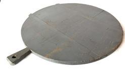 **SOLD** F238 19th century wooden Peel Board / Cutting board bearing old gray painted surface. The runners you see showing are actually the bottom of the peel board, but for display purposes, it looks more interesting with the runners showing. The opposite side is perfectly flat for working on and bears wonderful patina from years of use. Measurements: ~20 ¼ diameter x ½ thick x 24 long.
