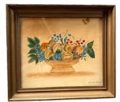 L324 Early 20th century Folk Art hand-painted Theorem on velvet – signed by artist – Mary O Mecagni. Theorem features a still life of an oval woven compote style basket containing a beautifully arranged abundance of fruits with accents of tendrils and leaves. Beautiful use of colors and shading adds to the visual appeal. Nicely framed in what appears to be the original frame. Framed measurements: 16 5/8” wide x 14 5/8” tall x 1 ¾” deep. Viewing area is 12 7/8” wide x 10 7/8” tall. (NOTE: Research indicates Mary O. Mecagni (1900-2004) was from New London, CT.)
