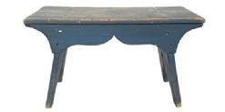 L487 Early 19th Century Pennsylvania splay leg foot stool in beautiful original blue paint. Wonderful cut outs adorn the feet on each while scalloped aprons adorn each side of the stool. The drop aprons are mortised into the legs. Square head nail construction. Circa 1830. Measurements: 14 wide x 7 ½ deep x 7 5/8 tall.