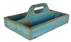L419 19th century Pennsylvania Cutlery Tray / Knife Box retaining its original blue painted surface with chrome yellow pinstripe decoration. Tall, curved center divider features cut out for carrying purposes. The wood is pine with square head nail construction. Very dry surface with wear indicative of use. Circa 1840 1850s. Measurements: 12 ½ wide x 8 3/8 deep x 2 1/8 tall sides x 5 tall at handle.