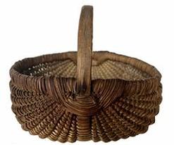**SOLD** H480  Early, tightly hand-woven oak splint egg basket boasting woven details at the juncture of the two main ribs. Original aged, natural patina surface.