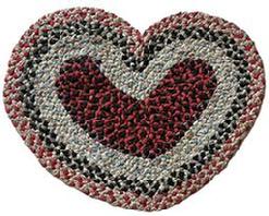 K1539 Heart shaped hand braided rug / mat with fabrics featuring reds, black, blues, white and a hint of orange colors. Nice condition. Measurements: 24 ½” wide x 19” tall.