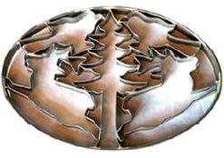 K1879 Oversized oval tin cookie cutter featuring multiple shapes including a tree, two antlered deer and two birds. Nicely rolled edges on the top and all solder joints are secure. Measurements: 8 5/8" wide x 5 7/8" tall x 3/4" thick.