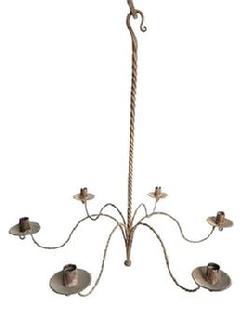 B247 Wrought Iron 6 Arm Chandelier - Twisted Scrolled Arms and Shaft. Made by Jerry Martin when he worked at the Landis Valley Farm Museum. Measurements: ~ 24 ¾ across arms to outer edge of drip cups. Overall height is 25 ¼ tall.