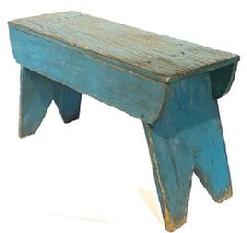 **SOLD** K1 Late 19th century Pennsylvania original blue painted splay legged bench with boot jack cut out feet and a drop apron with rounded ends on each side. Very sturdy. Circa 1880s. The wood is pine. Measurements: 32 wide x 11 ¾ deep x 18 ½ tall.
